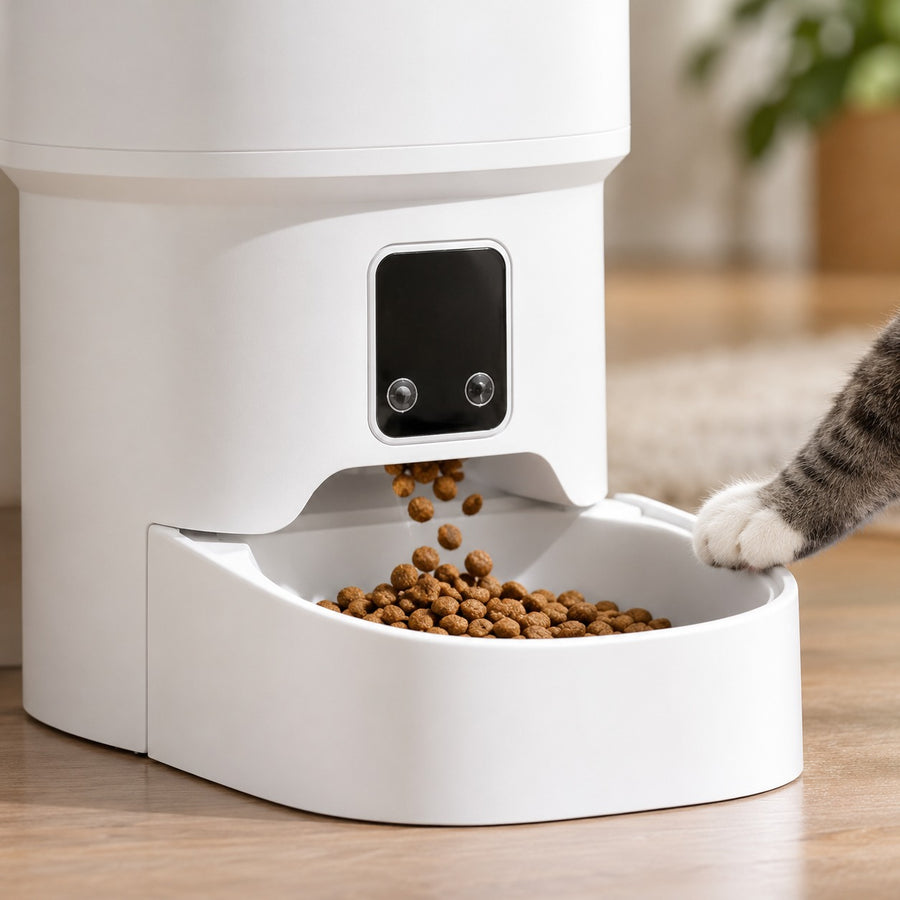 Kibble dropping into the removable bowl of the automatic pet feeder