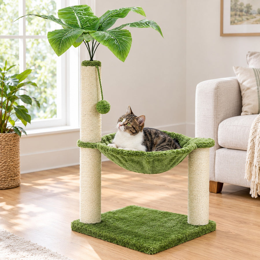 Palm-tree cat tree with leaf-shaped hammock and sisal posts