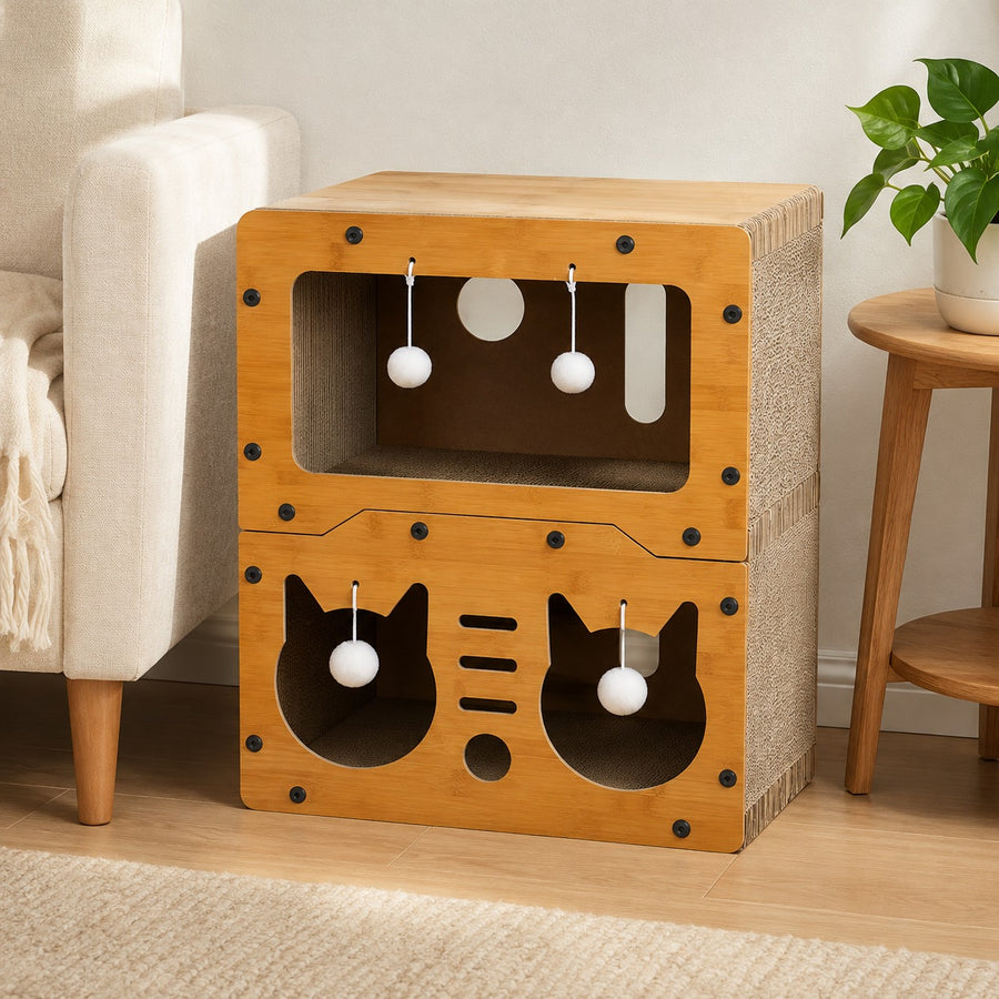 2-layer cardboard cat house with a wide upper window and cat-head openings
