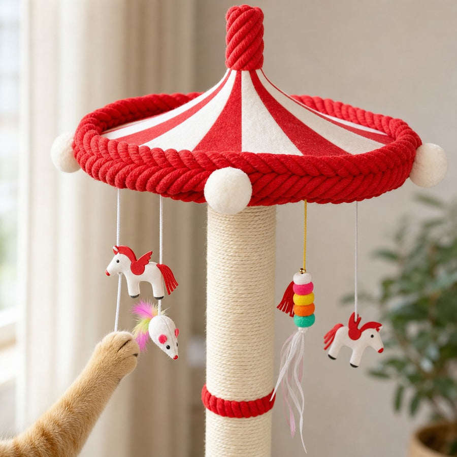 Red and white carousel top of the cat scratching post with hanging toys