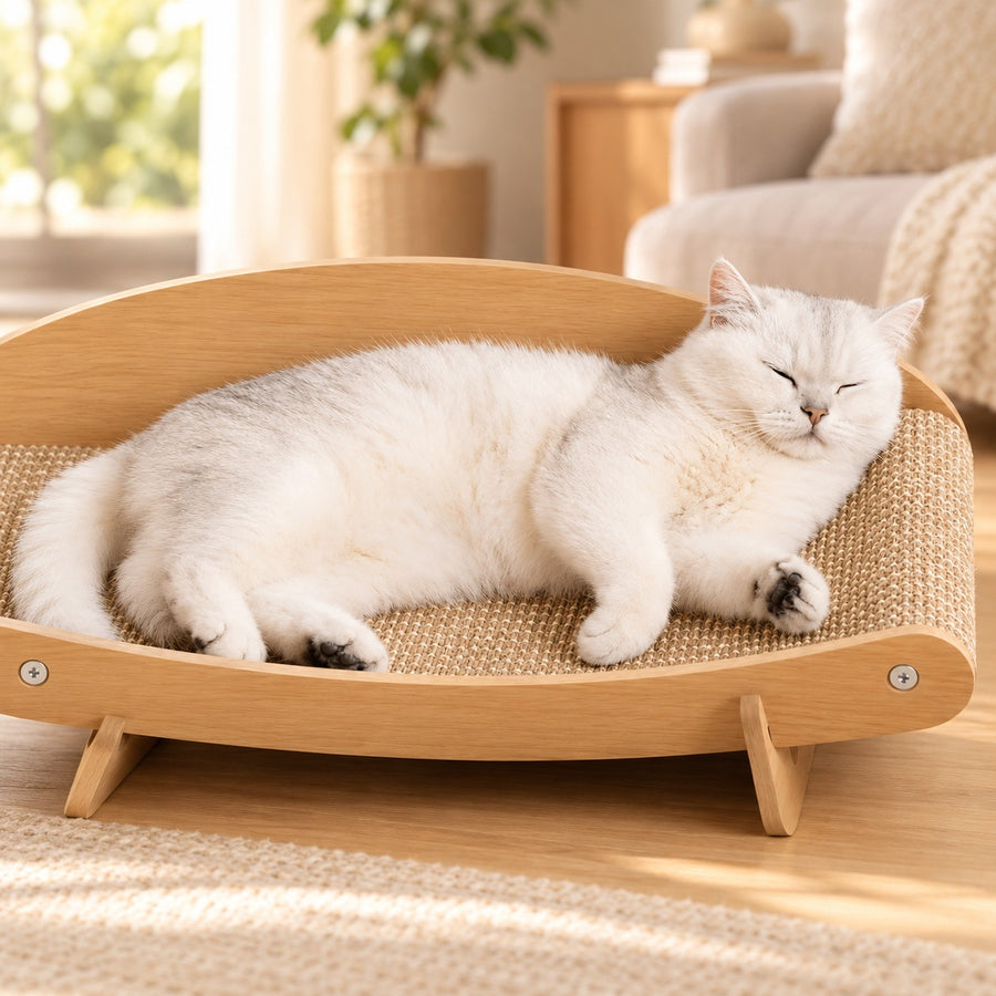 White cat asleep in the curved sisal lounge bed