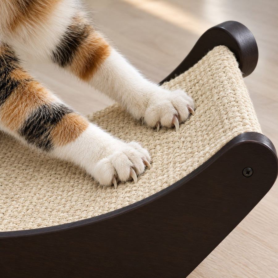 Cat paws scratching the natural sisal mat of the lounge bed