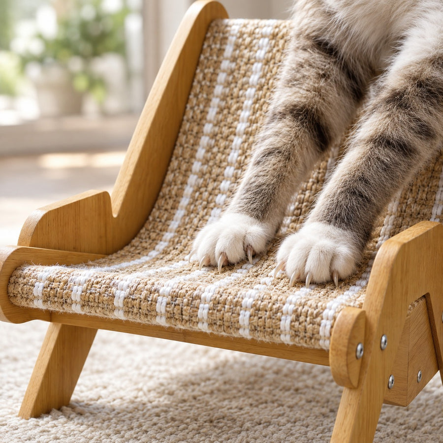 Cat paws scratching the woven sisal sling of the lounge chair