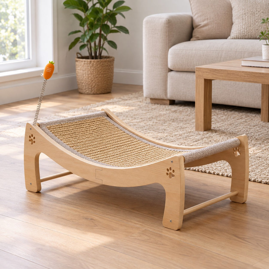 Curved cat scratcher lounger with spring toy and solid wood frame in a living room