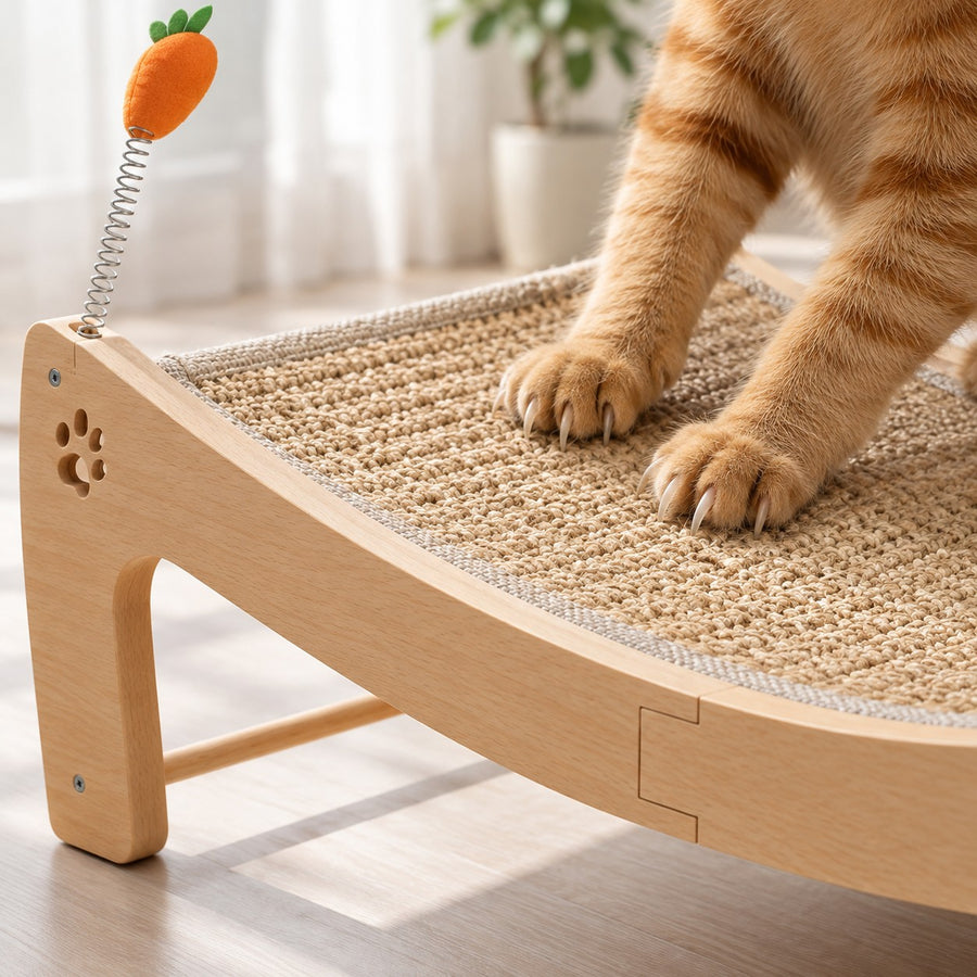 Cat paws scratching the woven sisal surface of the lounger