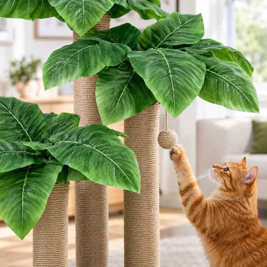 Cat batting the ball toy hanging under the faux canna leaves