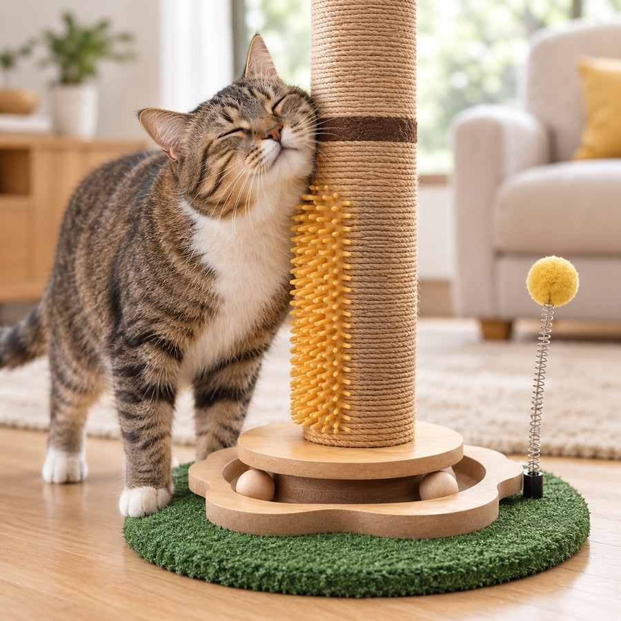 Cat rubbing its cheek on the grooming brush at the foot of the scratching post