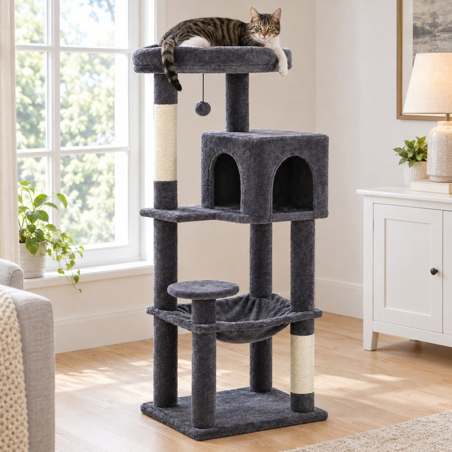 44.5 in cat tree with condo and hammock in Dark Grey