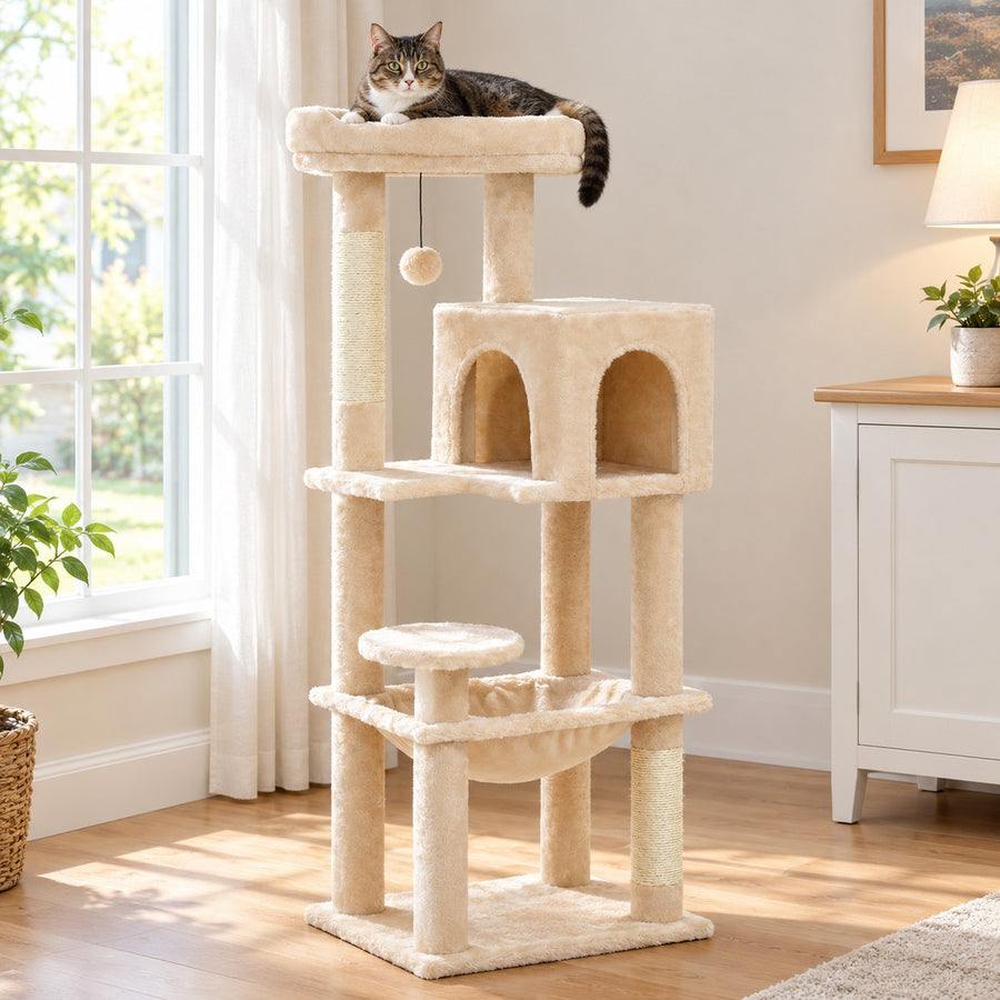 44.5 in cat tree with condo and hammock in Beige