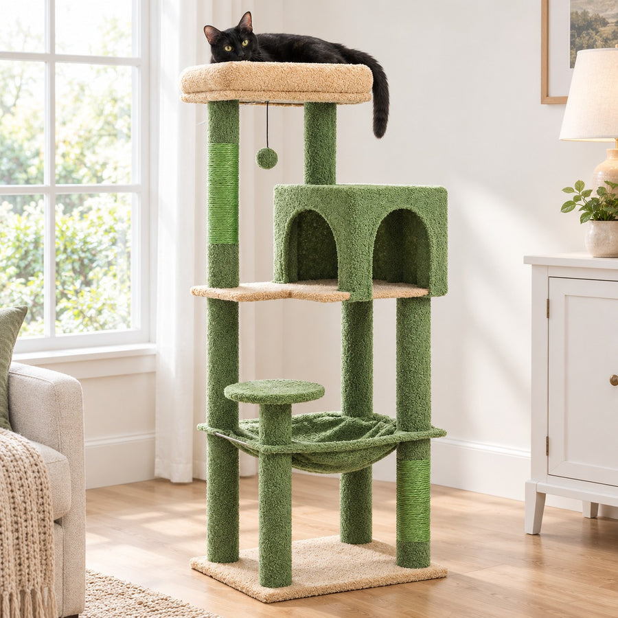 44.5 in cat tree with condo and hammock in Green with tan top perch