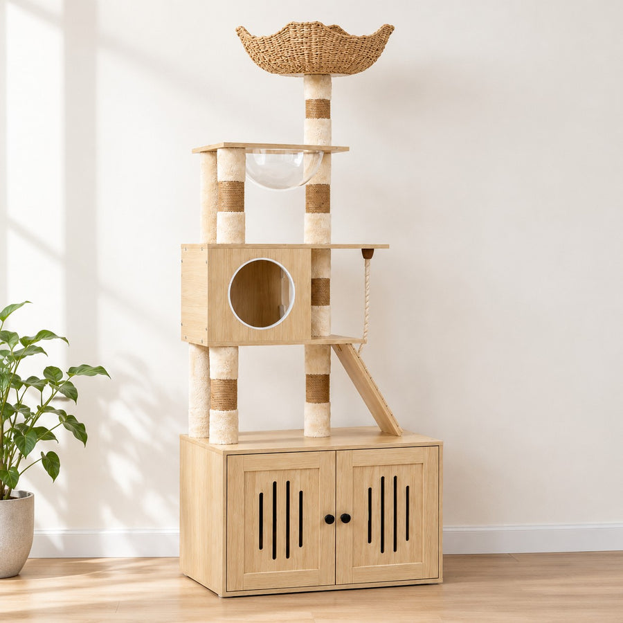 Cat tree with litter box cabinet, woven top bowl and clear capsule in natural wood