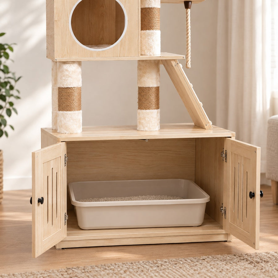 Two-door litter box cabinet of the cat tree with doors open