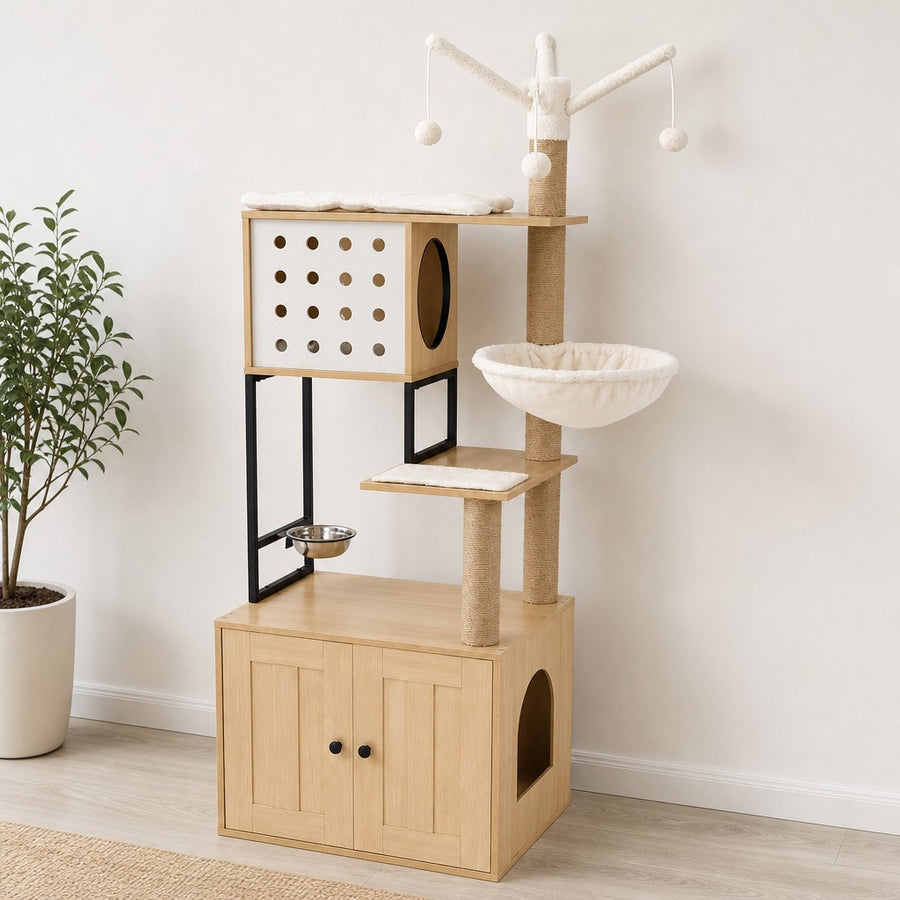 Cat tree with litter box enclosure in Natural Wood