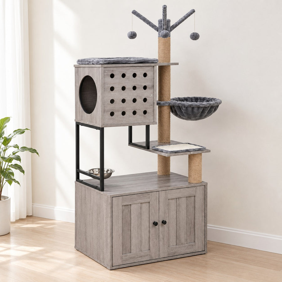 Cat tree with litter box enclosure in Gray