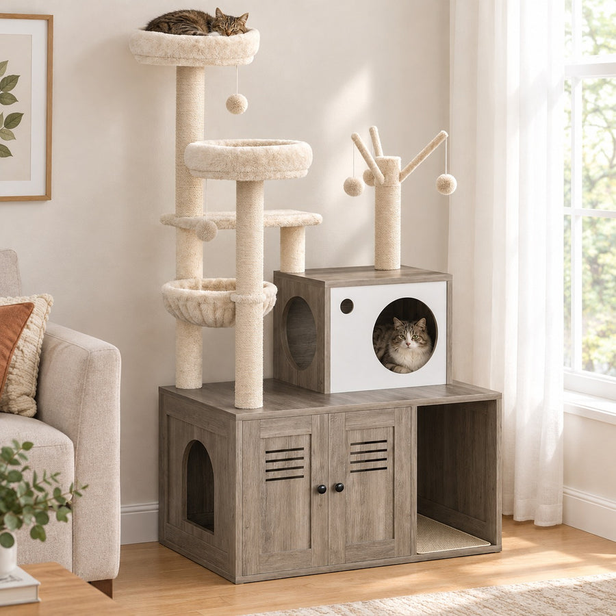 Cat tree with litter box enclosure cabinet in Smoke Gray