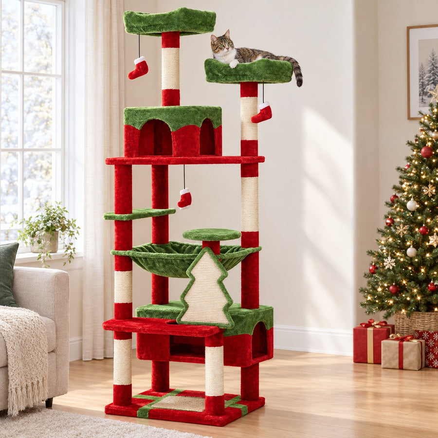 72.5 in cat tree tower in Red and green holiday design with tree-shaped scratching board