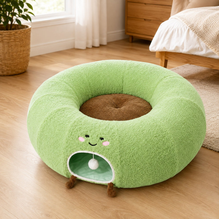 Green convertible cat tunnel bed in donut mode with brown center cushion