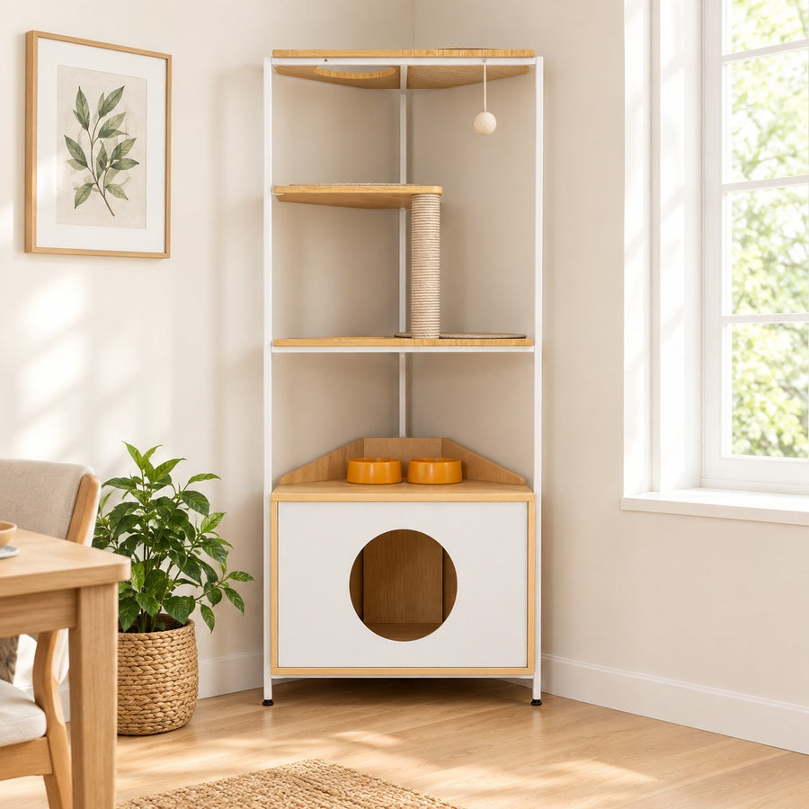 Corner cat tree with cabinet, feeding station and three shelves in the corner of a dining room