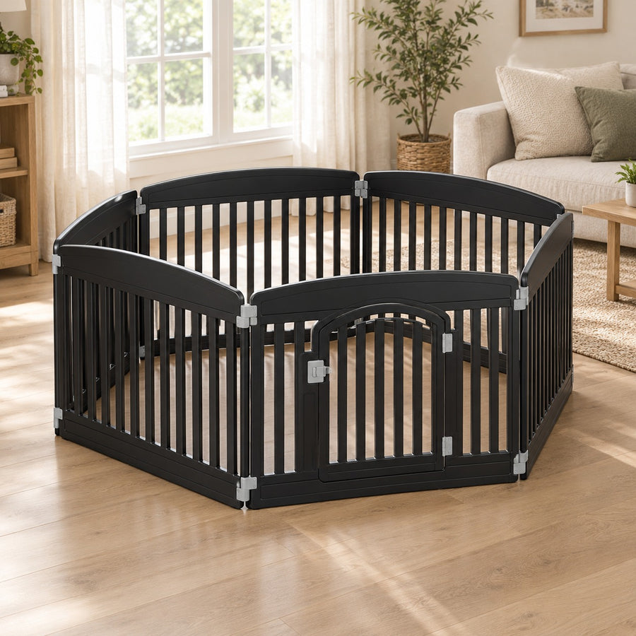 Black 6-panel plastic dog playpen with door