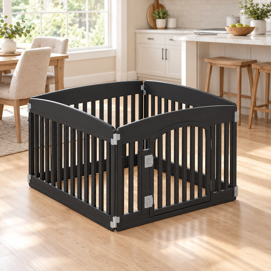 Black 4-panel plastic dog playpen with door