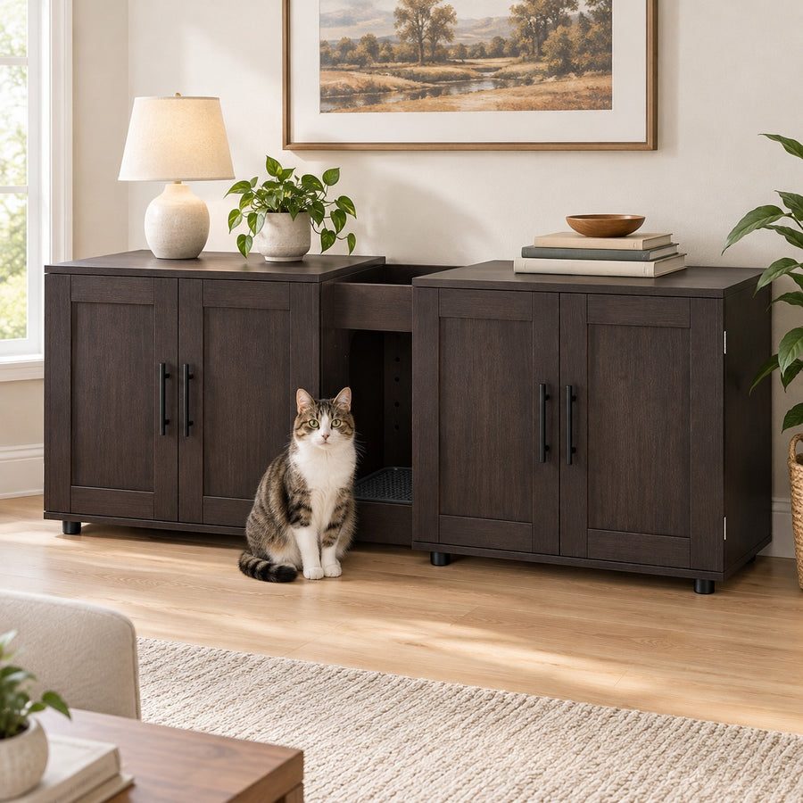 Double litter box enclosure for 2 cats in Walnut with shaker doors