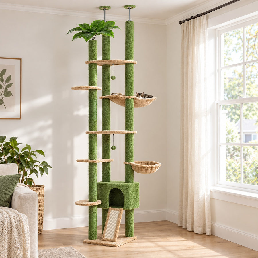 Floor to ceiling cat tree with palm leaves, two posts, condo and sisal ramp