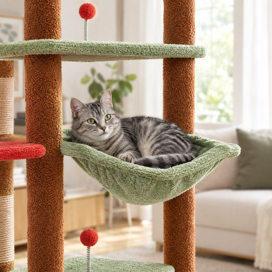 Cat lying in the sage green hammock of the floor-to-ceiling cat tree