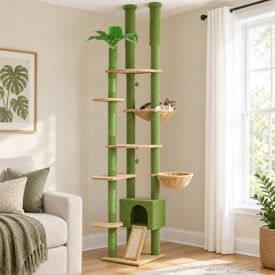 Floor to ceiling cat tree in Green with leaf top, hammock, basket and condo