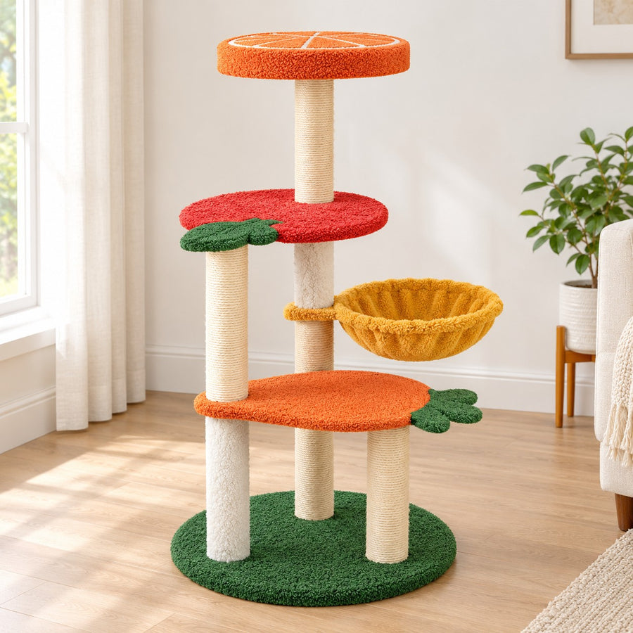 Fruit cat tree with orange-slice top perch, apple and carrot platforms and yellow basket