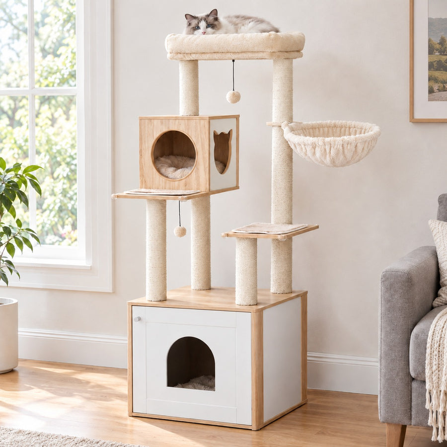 Modern cat tree with litter box cabinet in Natural wood-grain and white