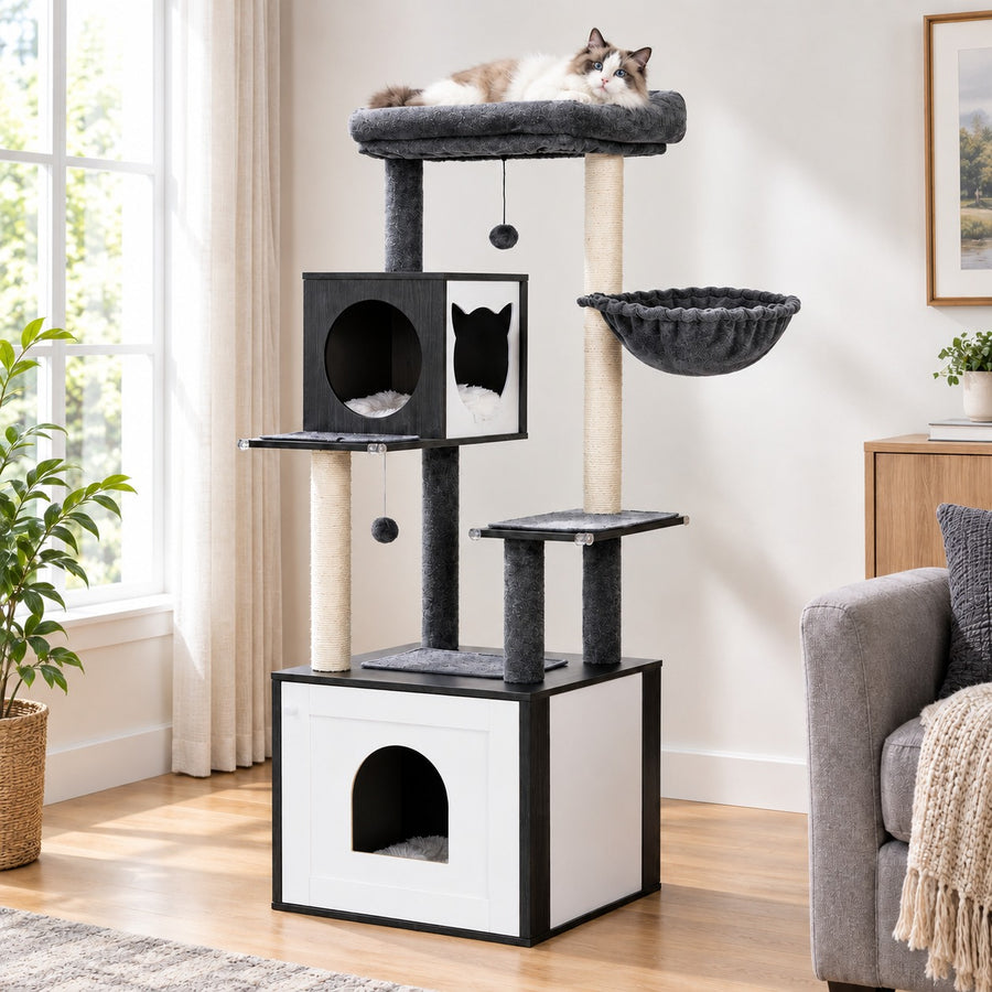 Modern cat tree with litter box cabinet in Black and white