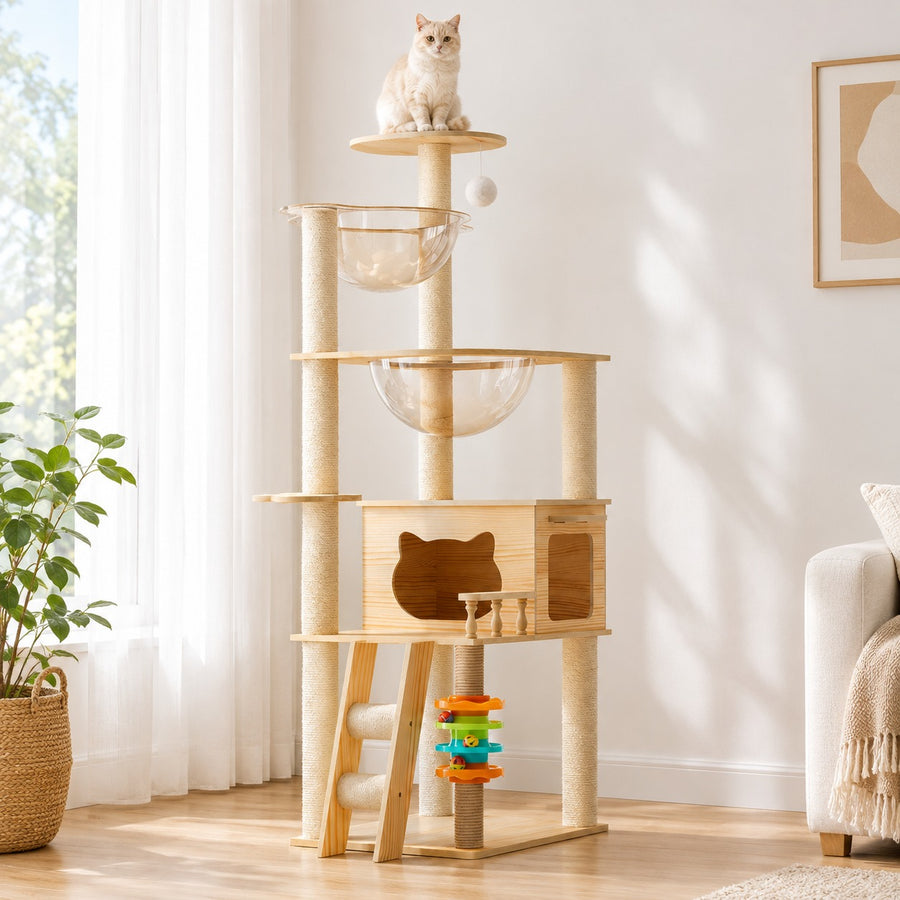 Modern light wood cat tree, 59 in, with two clear acrylic bowl hammocks and a cat-head condo