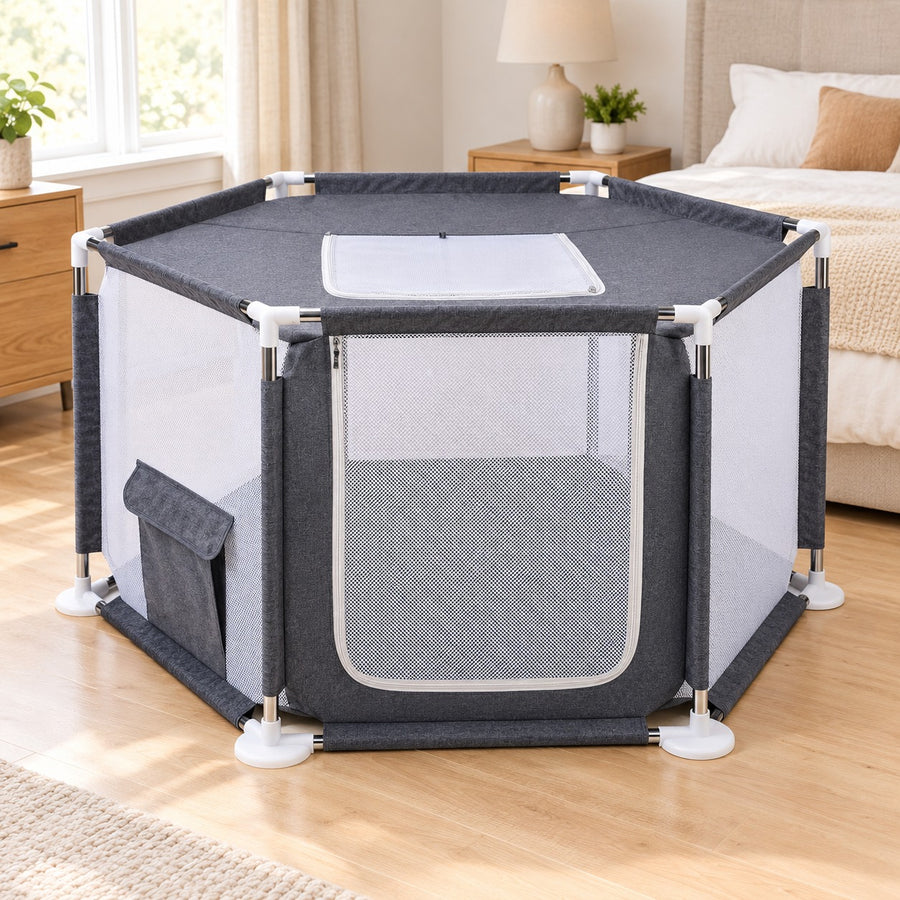 Gray portable hexagonal mesh dog playpen with zippered door