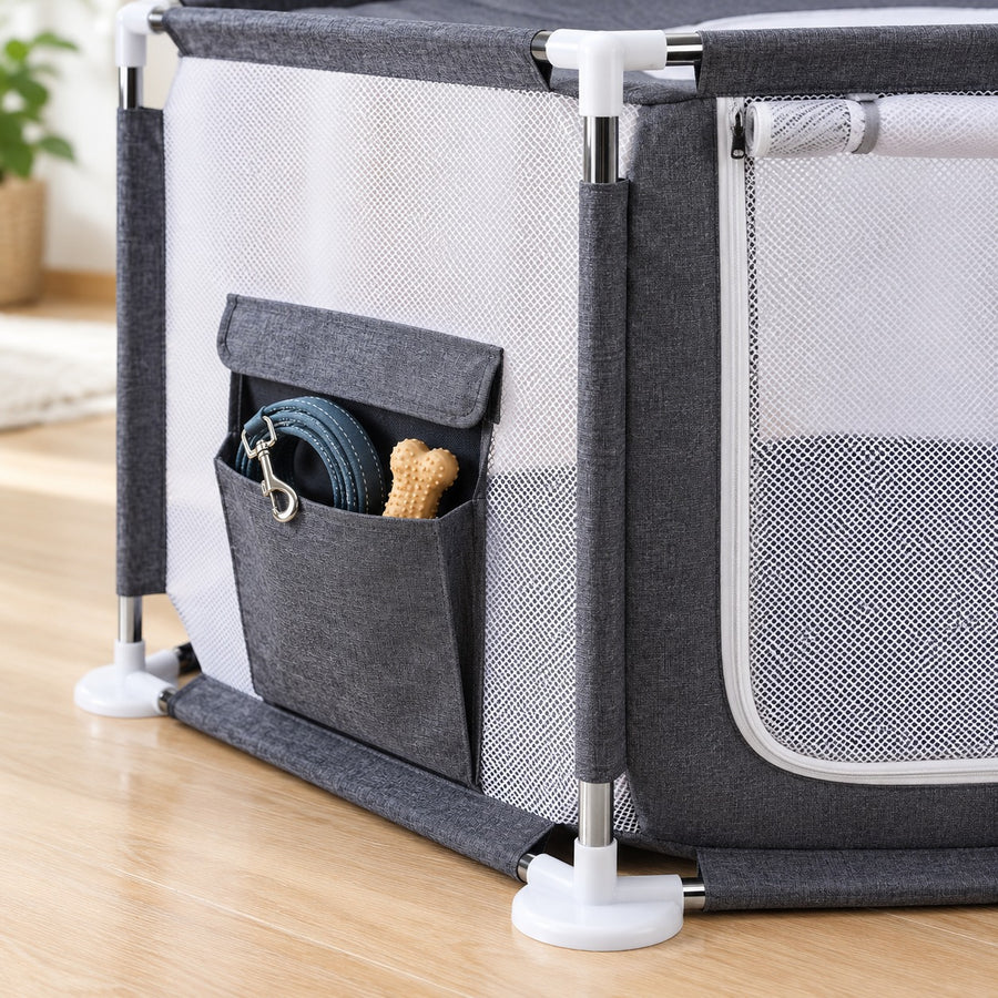 Side storage pocket and suction-cup foot of the mesh dog playpen