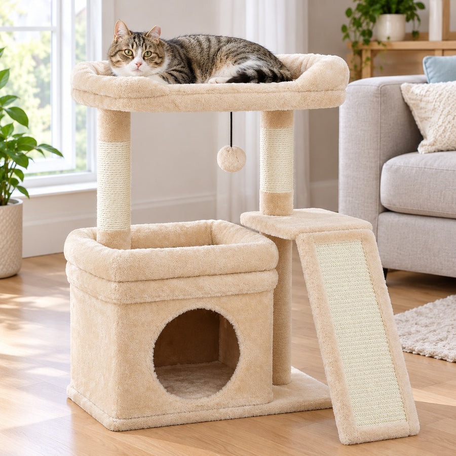 Small 27 in cat tree in Beige with condo, top perch and sisal ramp