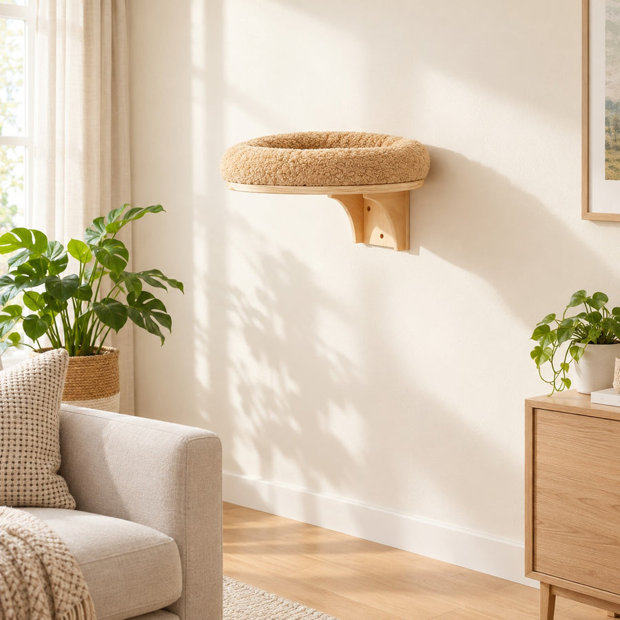 Hammock: round pine wall bed with beige plush cushion