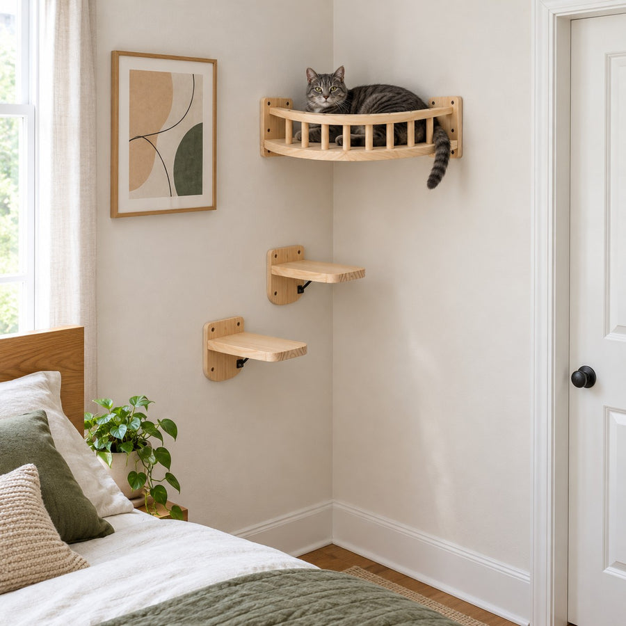Pine corner cat bed with two wall steps (Set B)