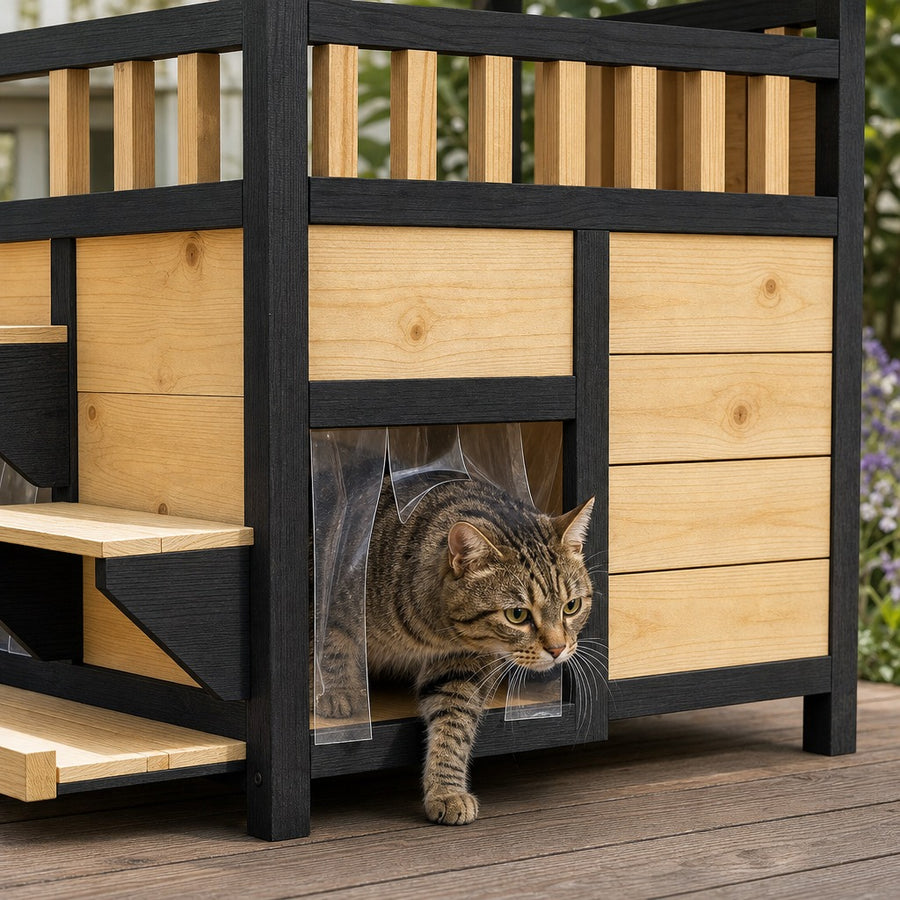 Cat stepping through the clear PVC strip door of the wooden cat house