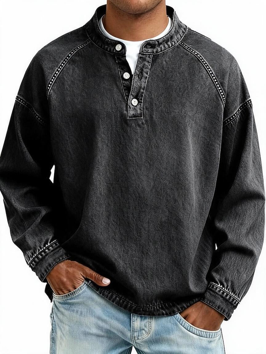 Men's Vintage Washed Sweatshirt with Button Neck Detail