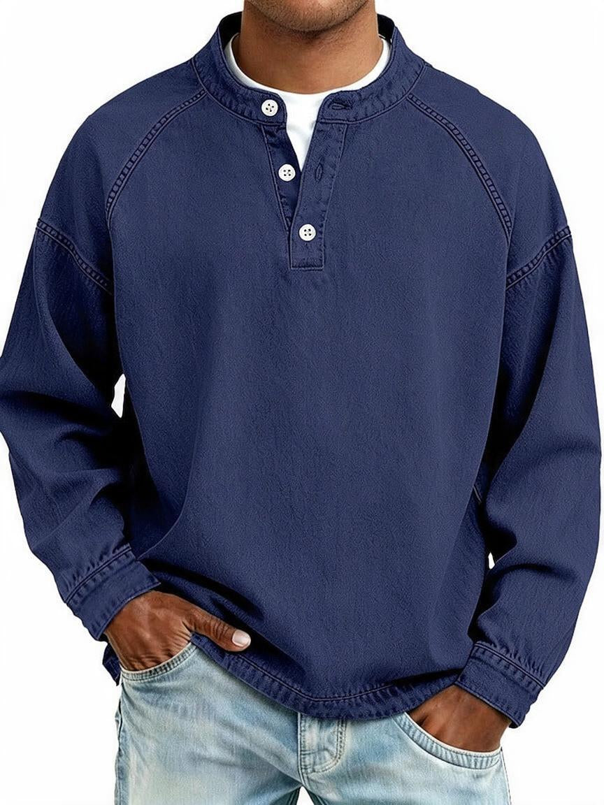 Men's Vintage Washed Sweatshirt with Button Neck Detail