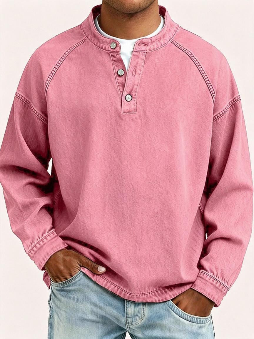 Men's Vintage Washed Sweatshirt with Button Neck Detail