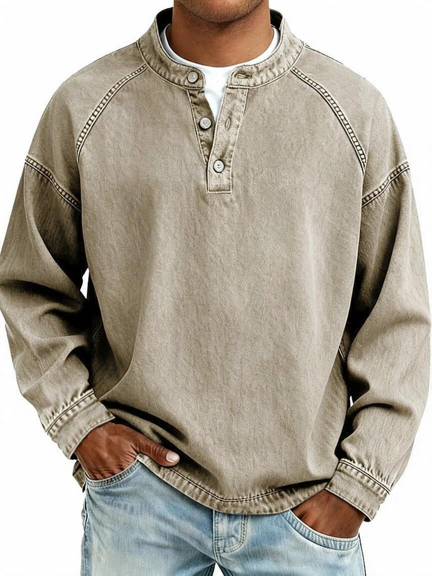 Men's Vintage Washed Sweatshirt with Button Neck Detail