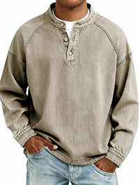 Men's Vintage Washed Sweatshirt with Button Neck Detail