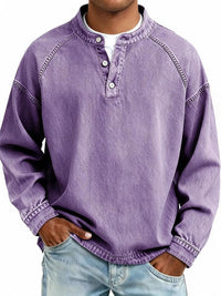 Men's Vintage Washed Sweatshirt with Button Neck Detail