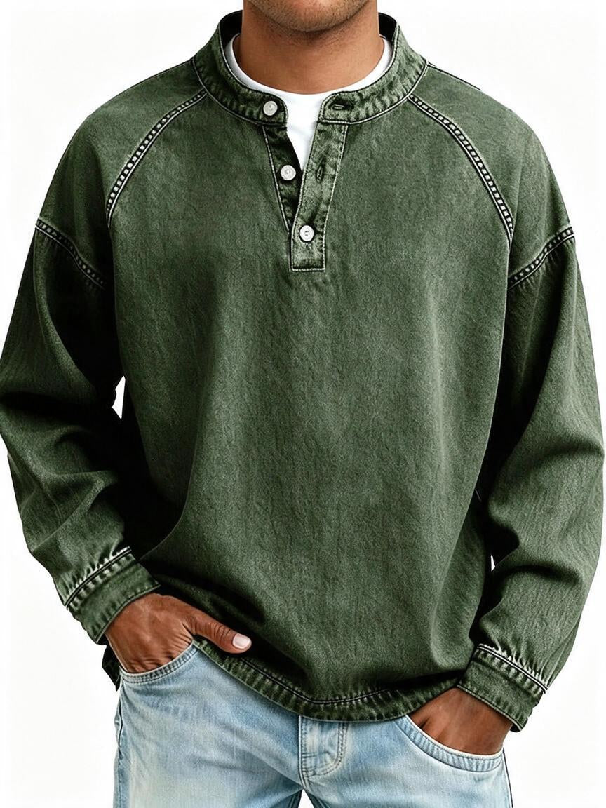 Men's Vintage Washed Sweatshirt with Button Neck Detail