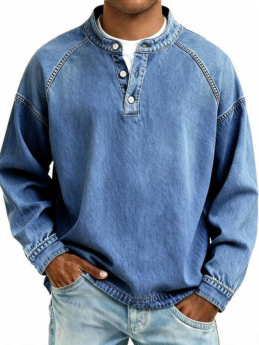 Men's Vintage Washed Sweatshirt with Button Neck Detail