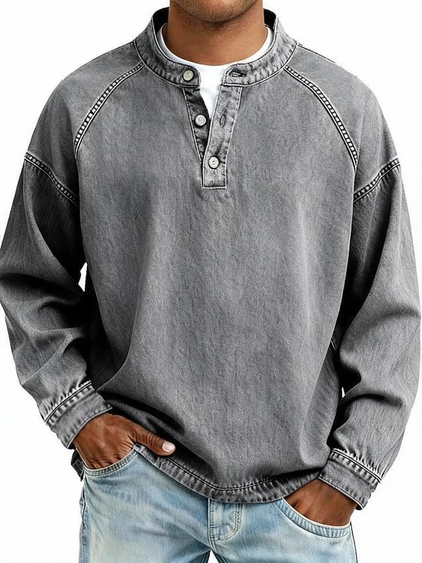 Men's Vintage Washed Sweatshirt with Button Neck Detail