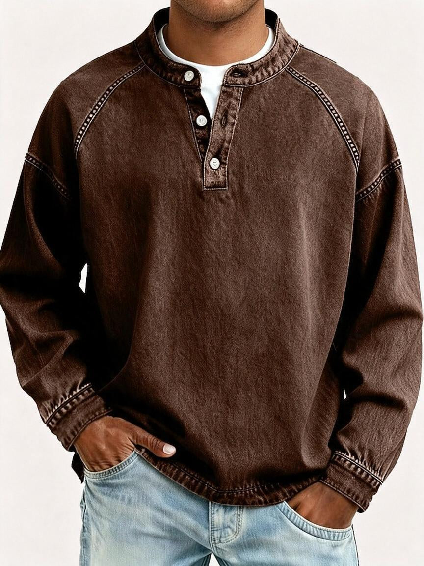 Men's Vintage Washed Sweatshirt with Button Neck Detail