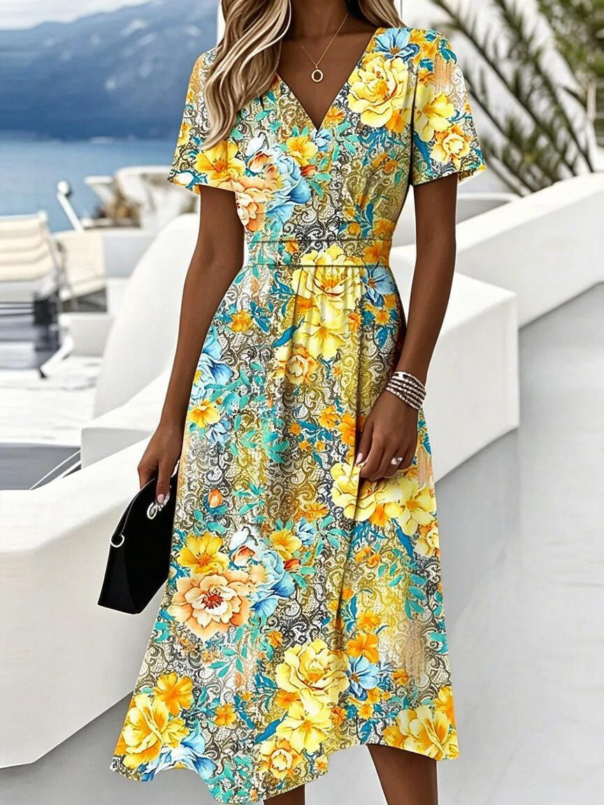 Floral Wrap Dress with V-Neck and Cinched Waist