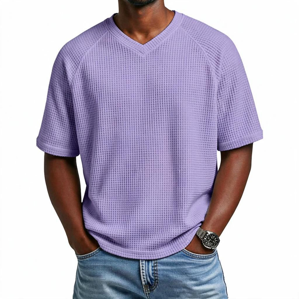 Waffle Shirt Men V-Neck Short Sleeve Textured Casual
